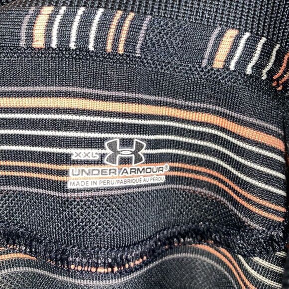 Under armour short sleeve 3 button polo black w/orange white stripes sz XXL men - Picture 7 of 9